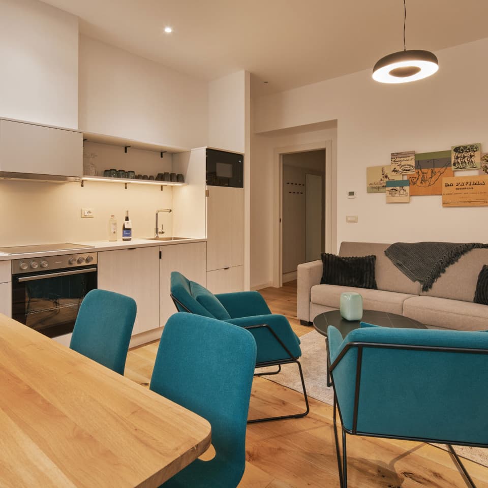 Zu sehen sind die Küche und das Wohnzimmer des Comfy Studio. Die geräumige Wohnung verfügt über eine voll ausgestattete Küche mit Platz für einen Esstisch sowie eine ausziehbare Couch, die als zusätzliches Bett genutzt werden kann.