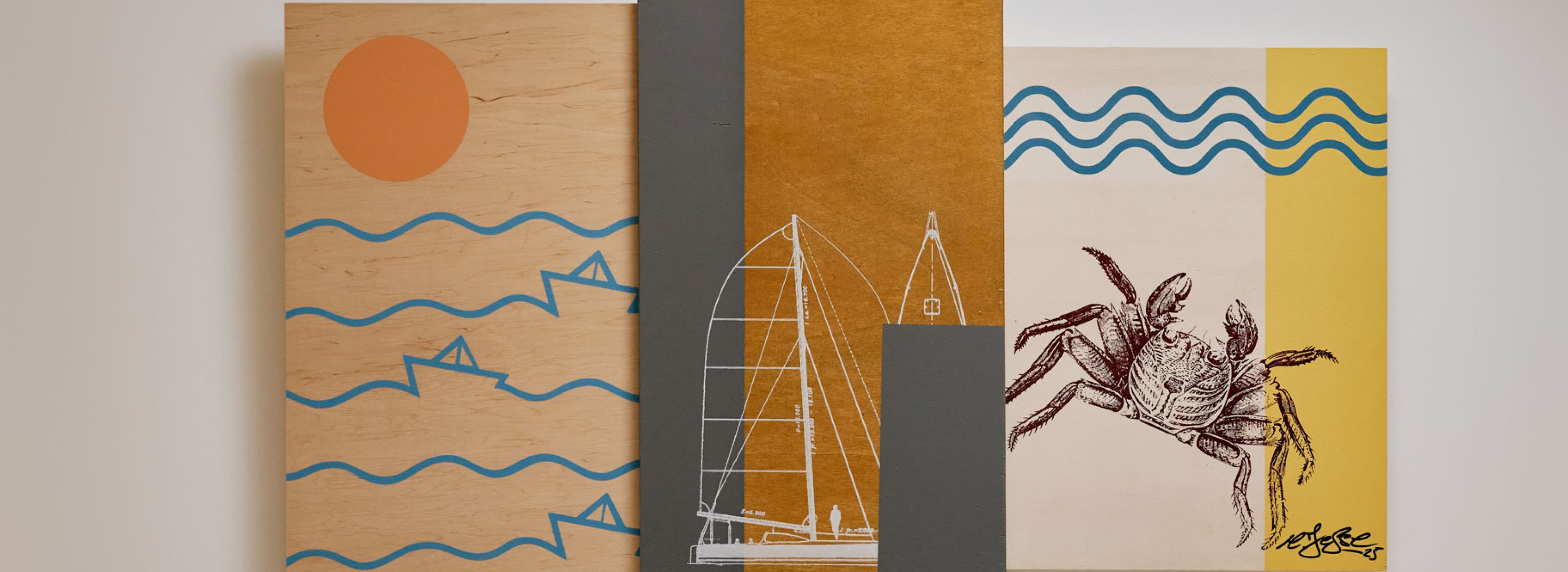 Seen is a detailed picture of the bedroom, where in the back you can see another art piece, which is a three part of representing the mediterranean and harbour vibes of the studios.